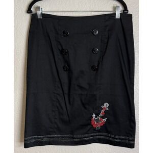 Living Dead Souls Womens XL Black Pencil Skirt Nautical Anchor Rose Rockabilly